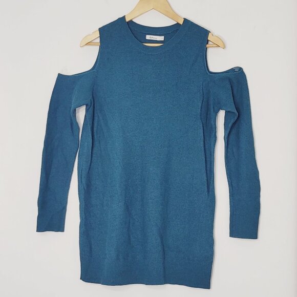 Reitmans Teal Knit Cotton Blend Crew Neck Ribbed Cold-Shoulder Sweater Casual L - Picture 1 of 10